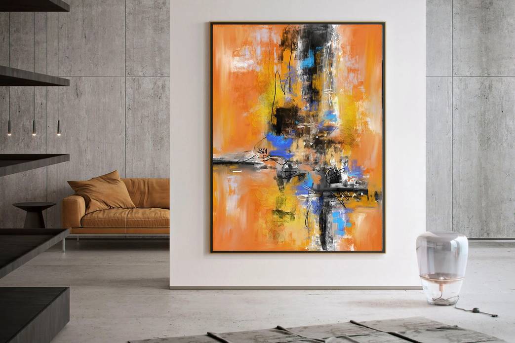 Blue Hand-painted Black Palette Yellow Abstract Canvas Artwork 4GIE7